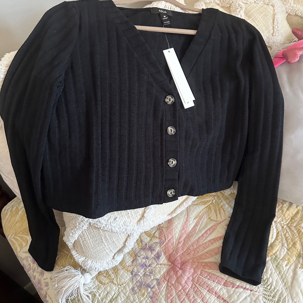 Bloomingdale's Black Ribbed Knit Cardigan